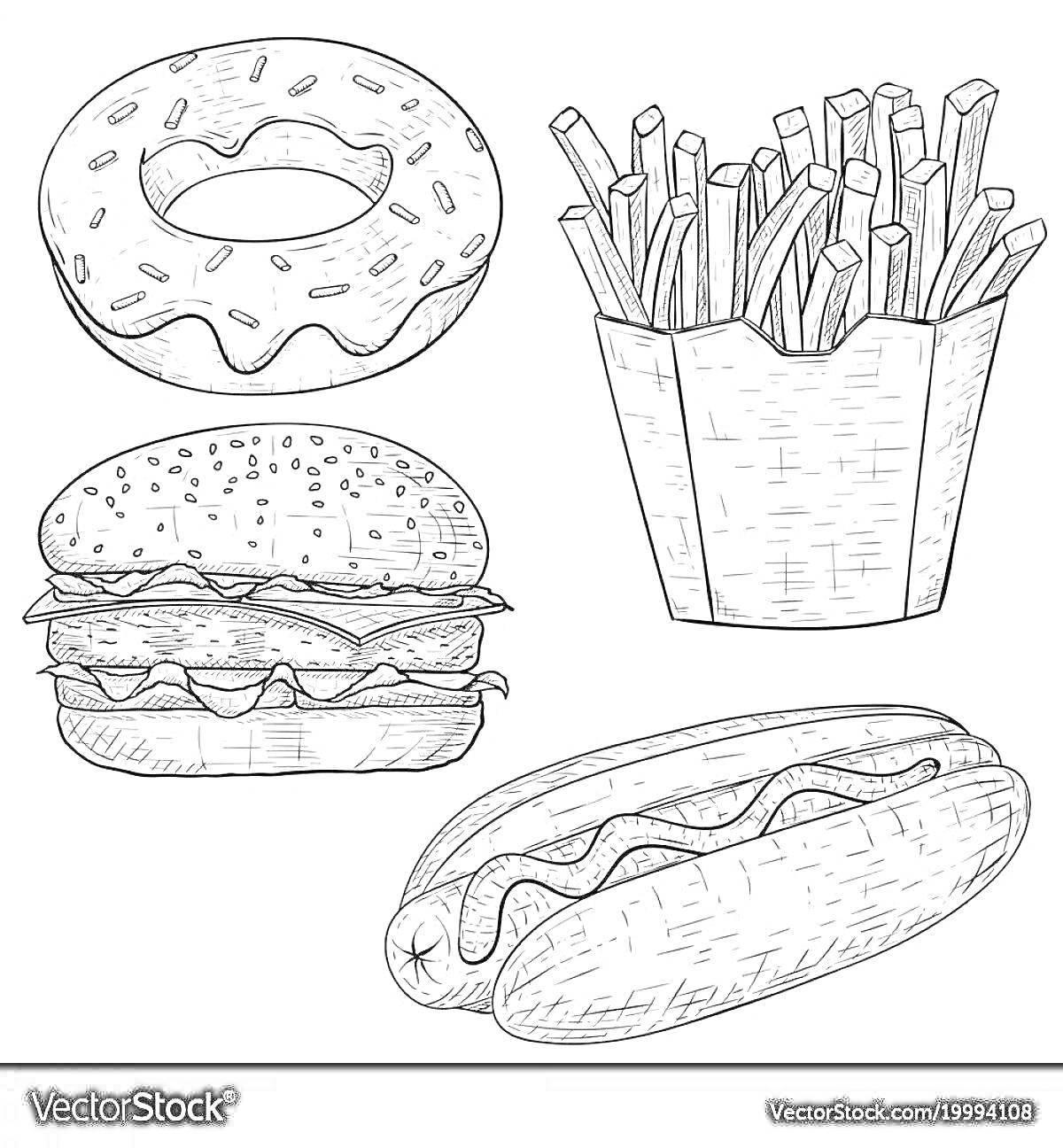 Раскраска Пончик, картофель фри, бургер, хот-дог