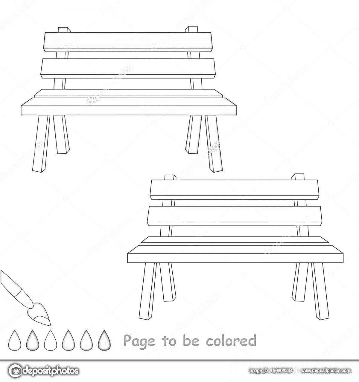 Раскраска Раскраска с изображением скамейки для детей, включает кисть и палитру красок в нижнем левом углу, верхняя половина скамейки закрашена, а нижняя остается раскрашивать.