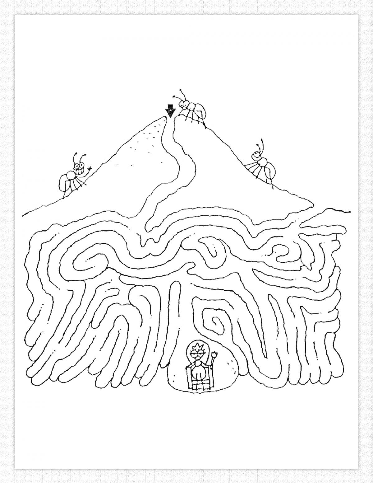 Раскраска Муравейник с лабиринтом под землей и муравьями на поверхности