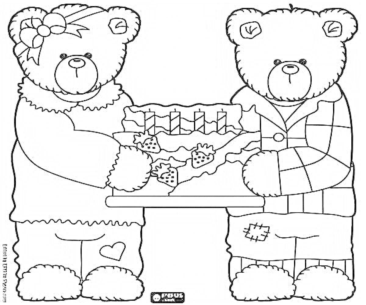 Раскраска Два жадных медвежонка в одежде, держащие торт с ягодами и свечами