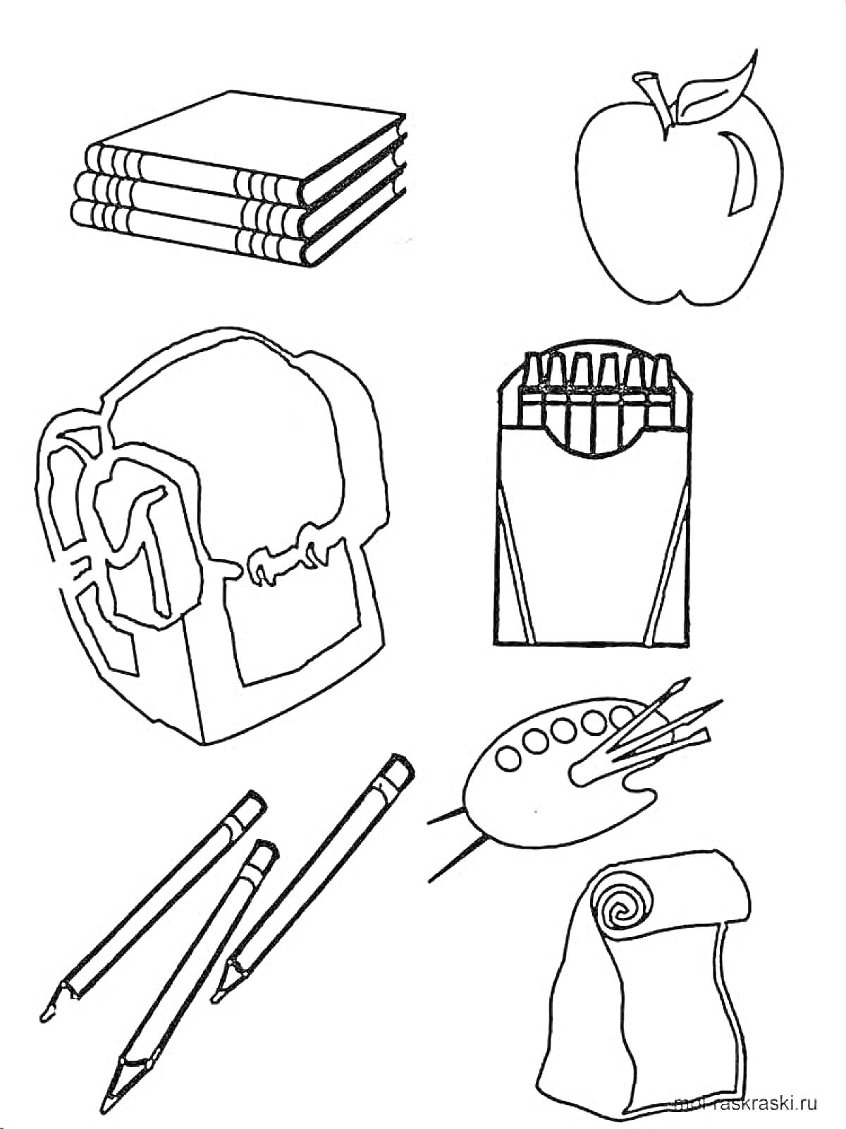 На раскраске изображено: Школьные принадлежности, Яблоко, Рюкзак, Фломастеры, Карандаши, Палитра, Кисти, Бумага, Книга