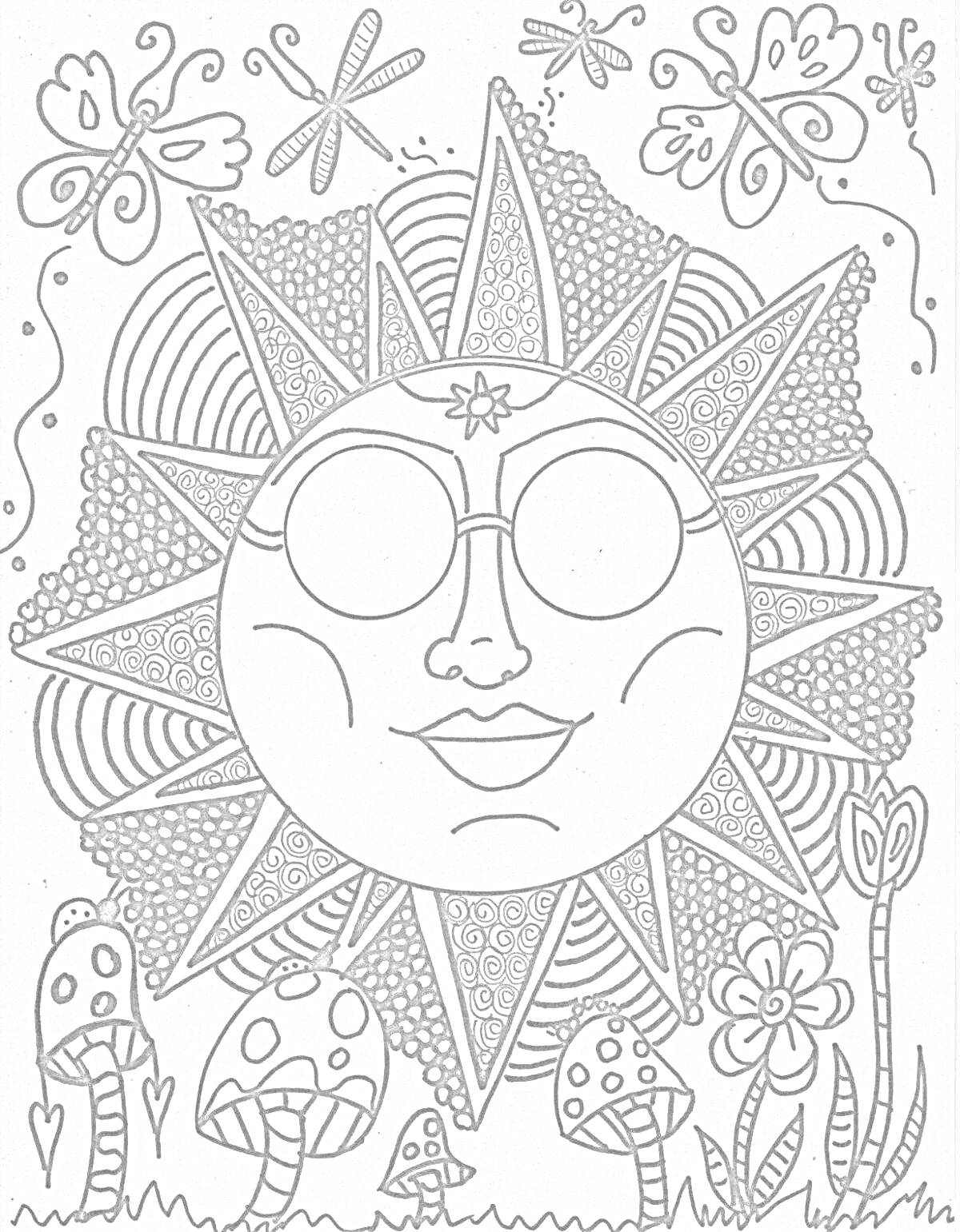 Раскраска Солнце в очках с цветами, бабочками, стрекозами и грибами на фоне