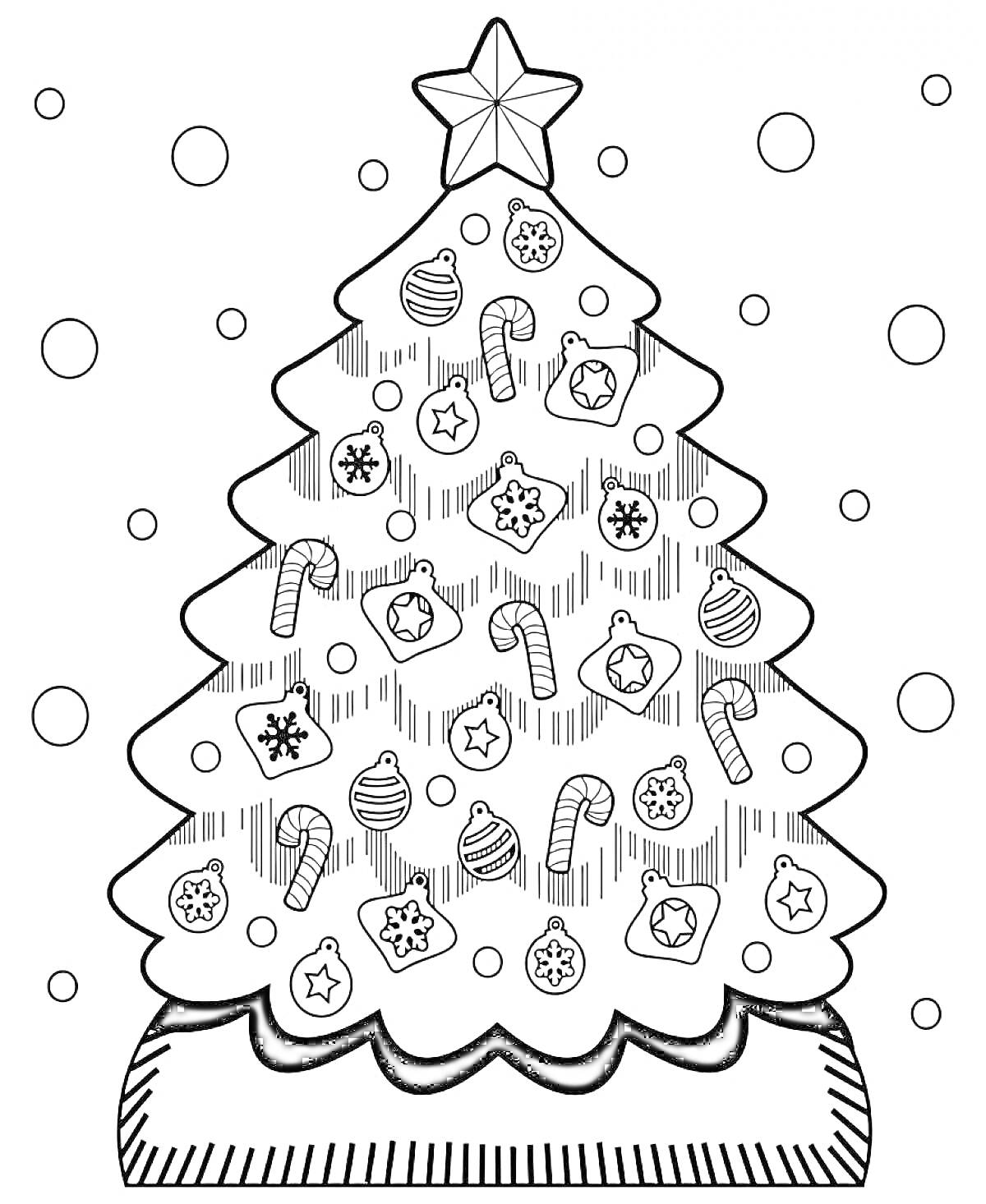 Раскраска Новогодняя елка с гирляндами, бантиками, конфетами, колокольчиками и звездой на макушке