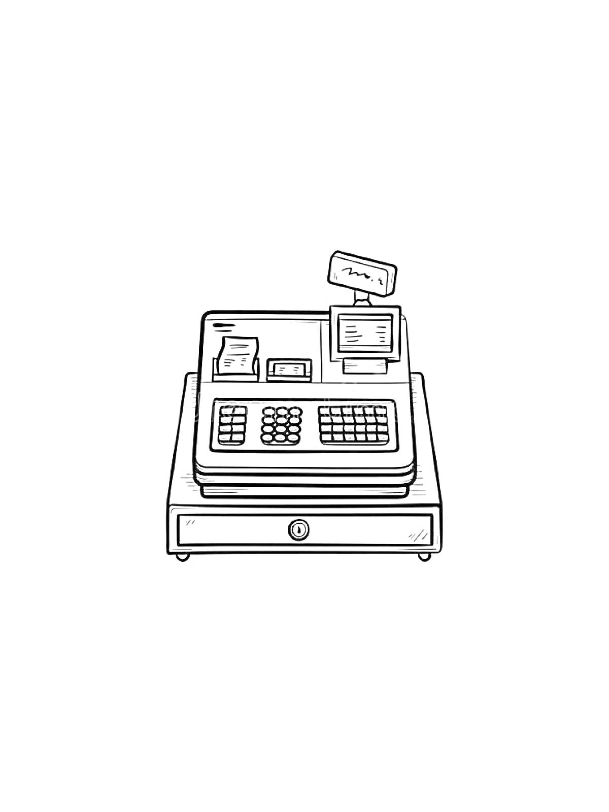 На раскраске изображено: Кассовый аппарат, Клавиатура, Дисплей, Магазин, Торговля