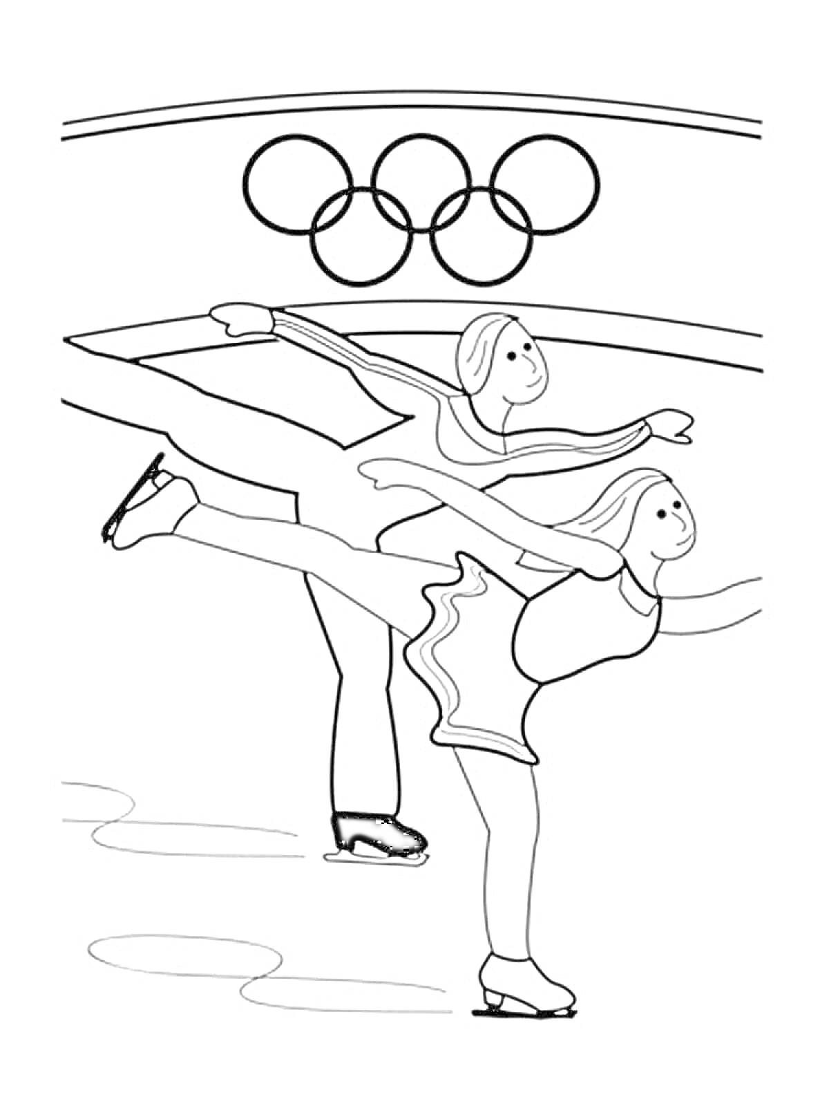 Две фигуристки на льду, выполняющие элементы фигурного катания на фоне олимпийских колец