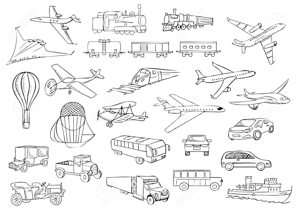 На раскраске изображено: Транспорт, Водный транспорт, Воздушный транспорт, Самолеты, Дирижабль, Парашют, Тепловоз, Вагоны, Автобус, Фура, Пароход