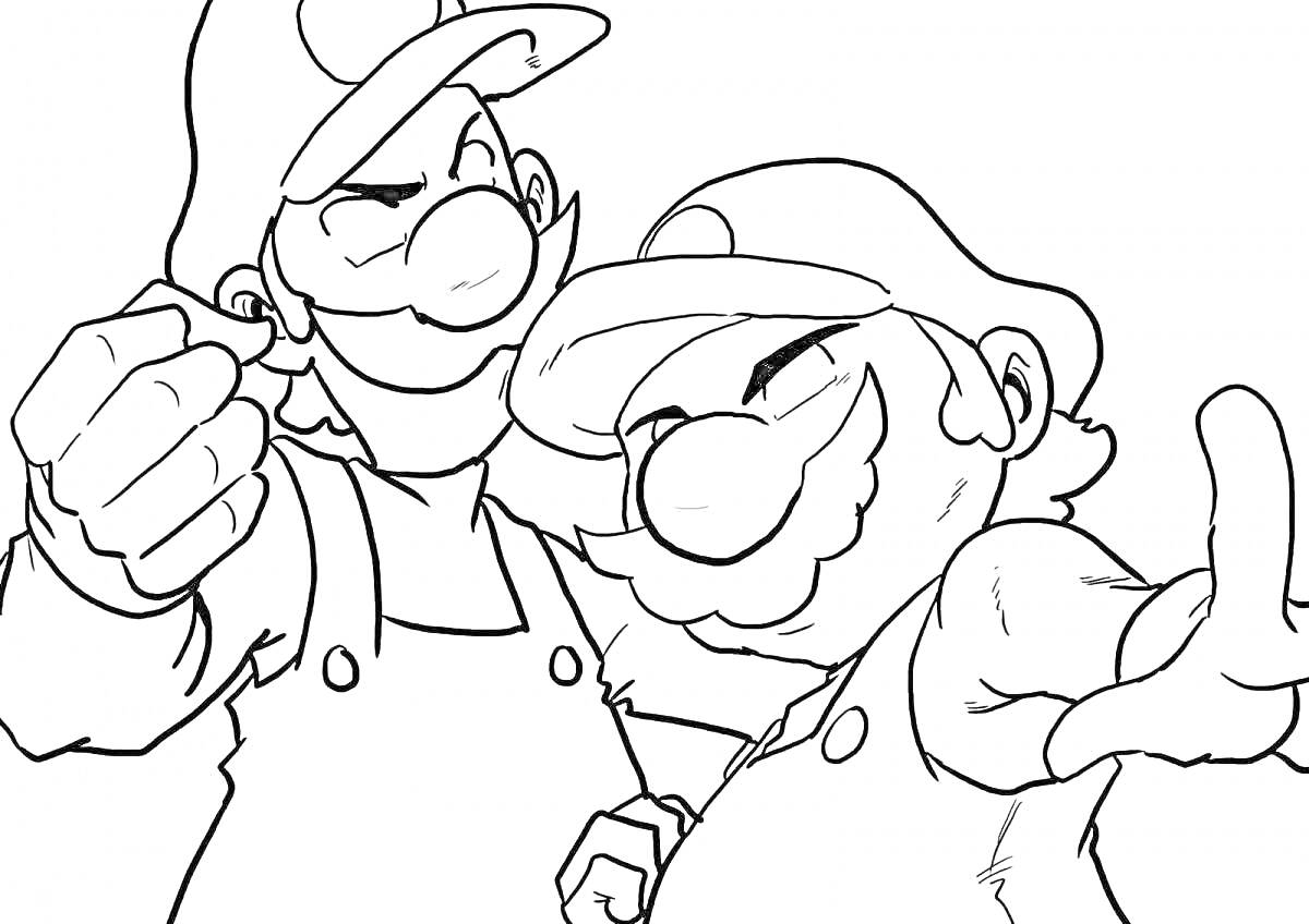 Раскраска Луиджи и Марио, держащие руки в боевой позе