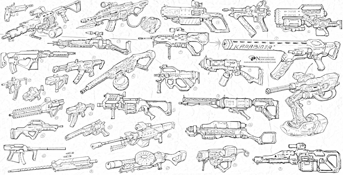 На раскраске изображено: Огнестрельное оружие, Винтовка, Автомат, Гранатомет, Пулемет, Лазерное оружие, Оружие, Военная техника