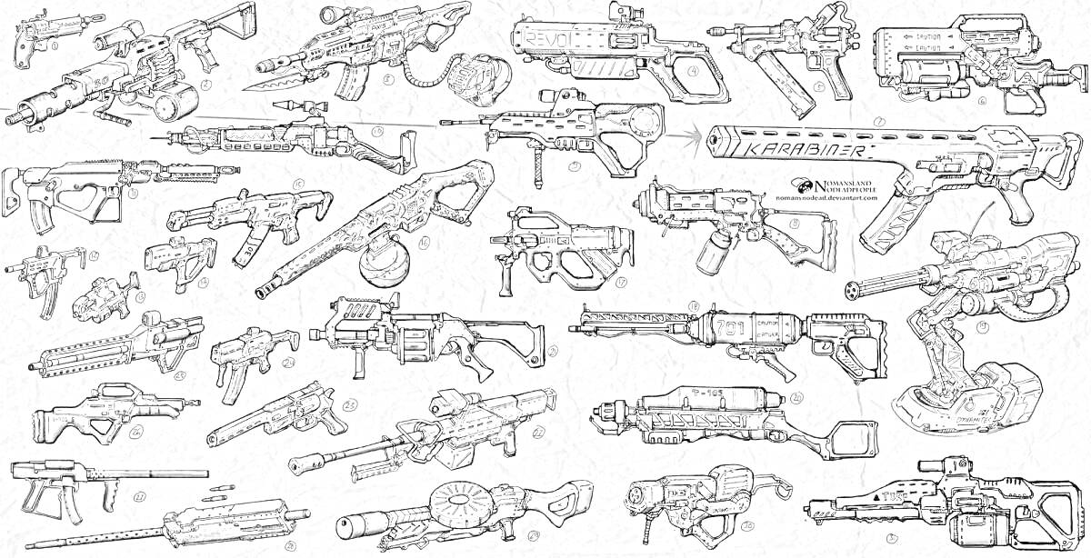 Разные виды огнестрельного оружия, включая винтовки, автоматы, гранатометы, пулеметы, плазменные ружья и лазерные оружия.