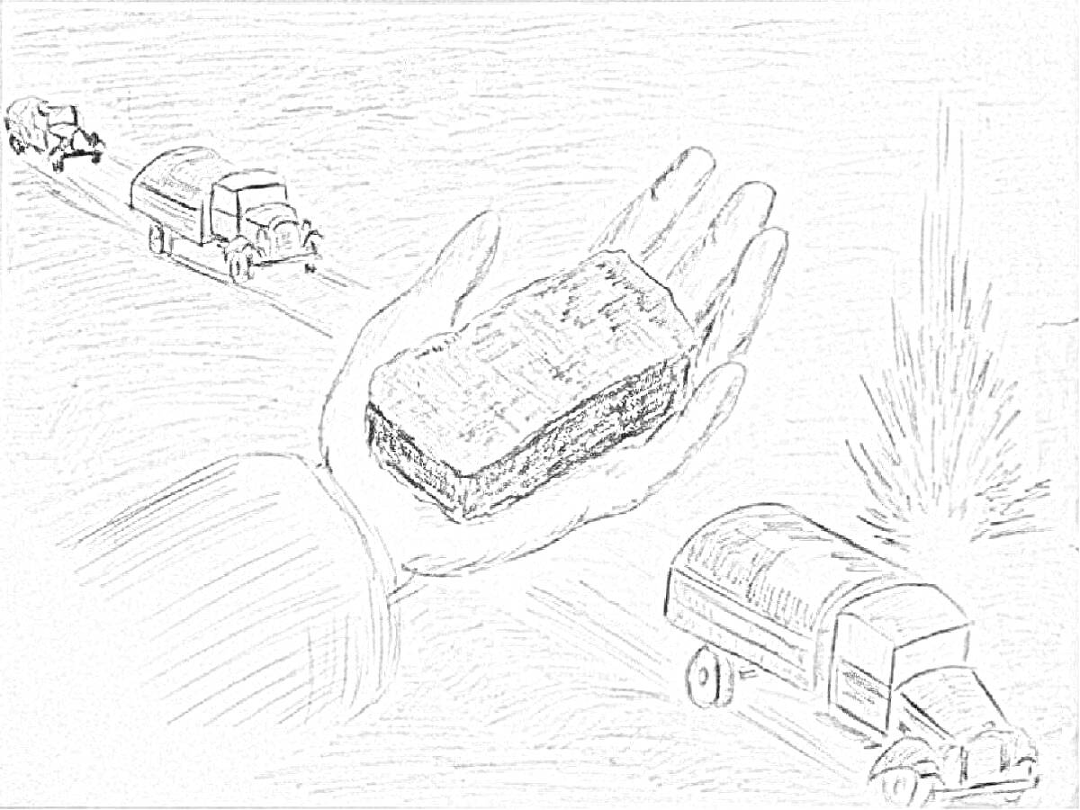 Раскраска Рука с хлебом, грузовики на заснеженной дороге, взрыв