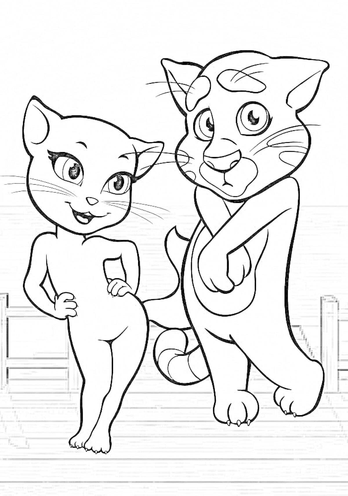 Раскраска Два кота на деревянном помосте