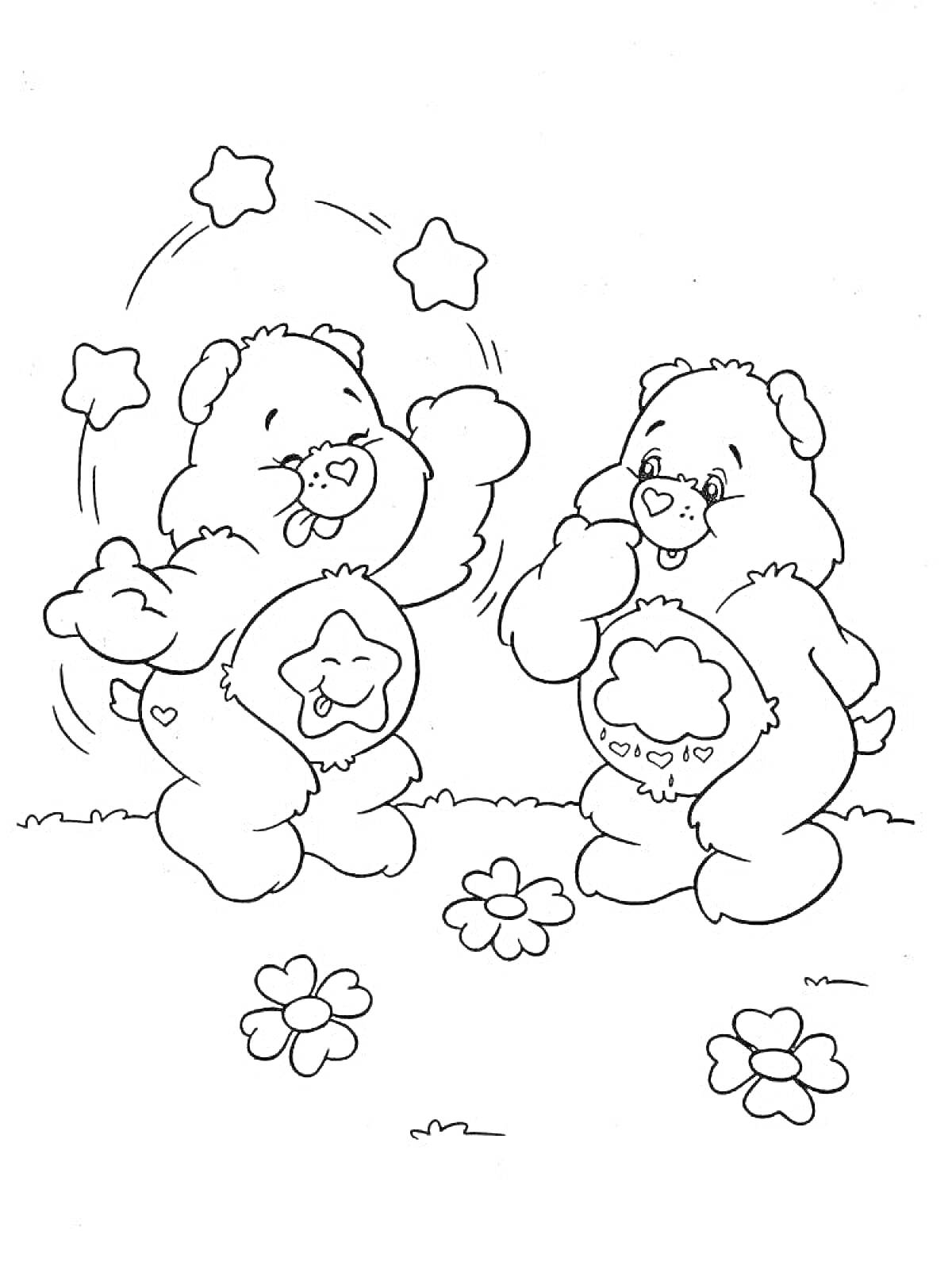 На раскраске изображено: Два медвежонка, Звезды, Цветы, Игрушки, Играют