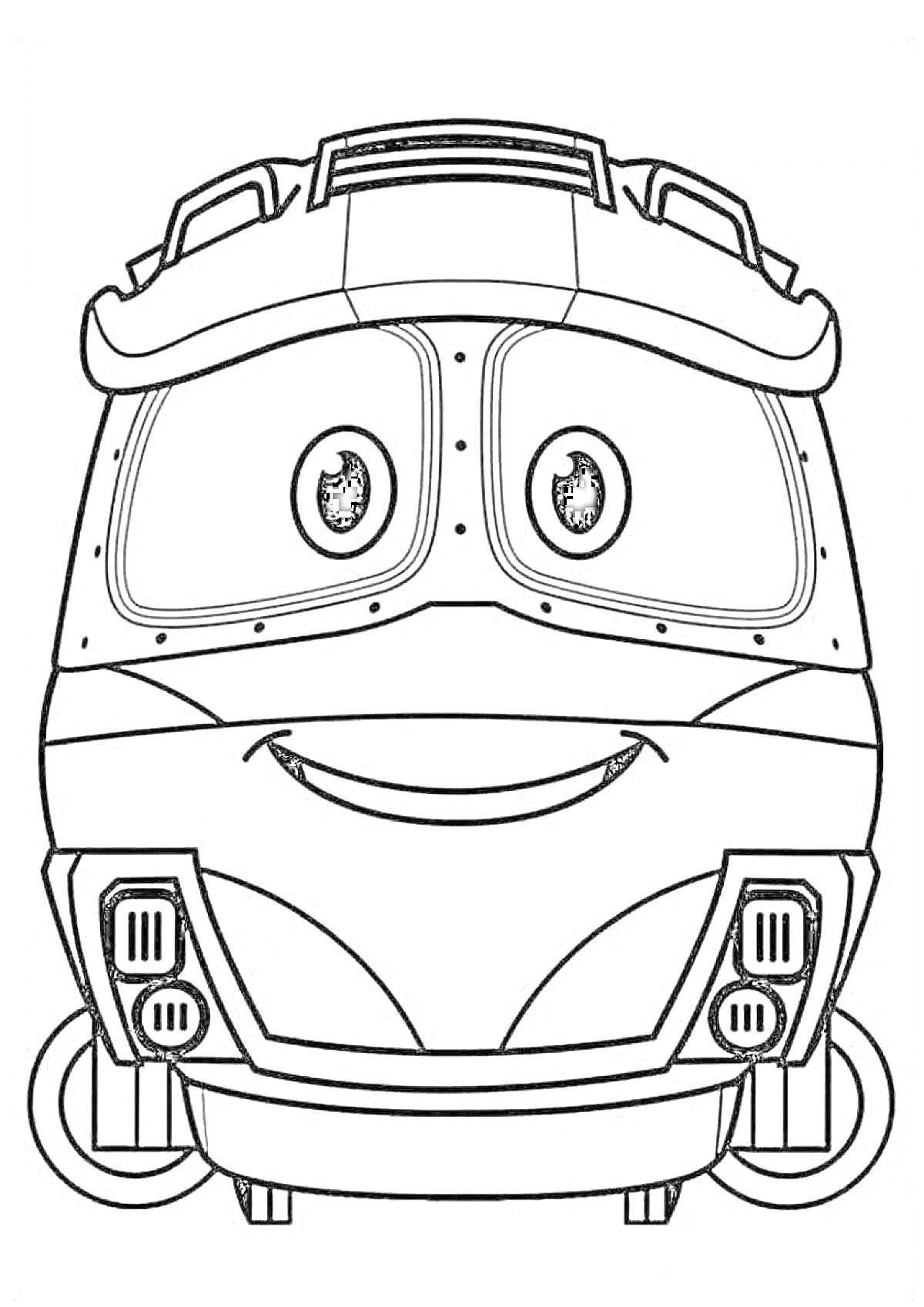 На раскраске изображено: Поезд, Улыбка, Большие глаза, Транспорт, Для детей