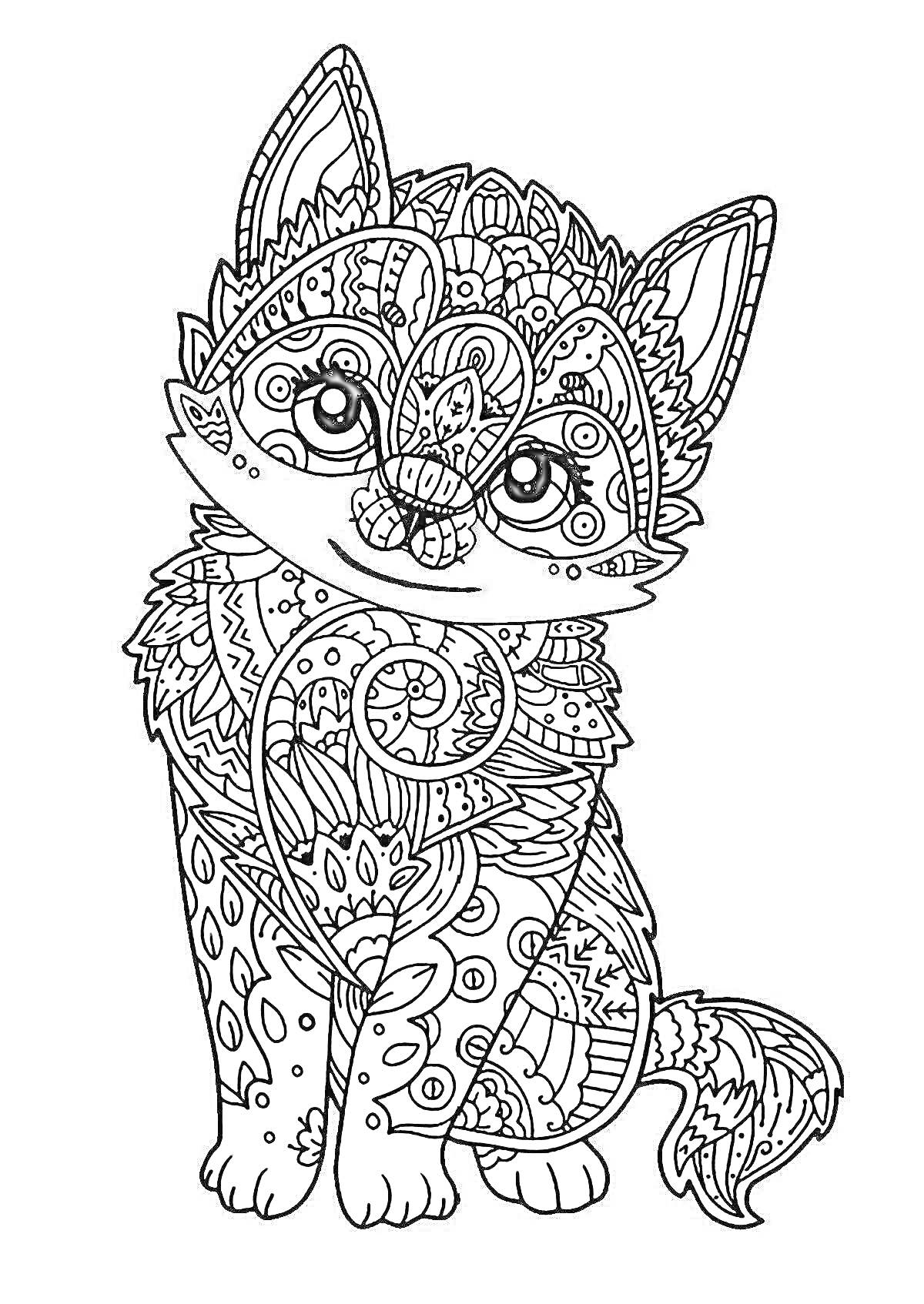 Раскраска Раскраска с изображением котенка, наполненного сложными узорами и узорчатыми элементами