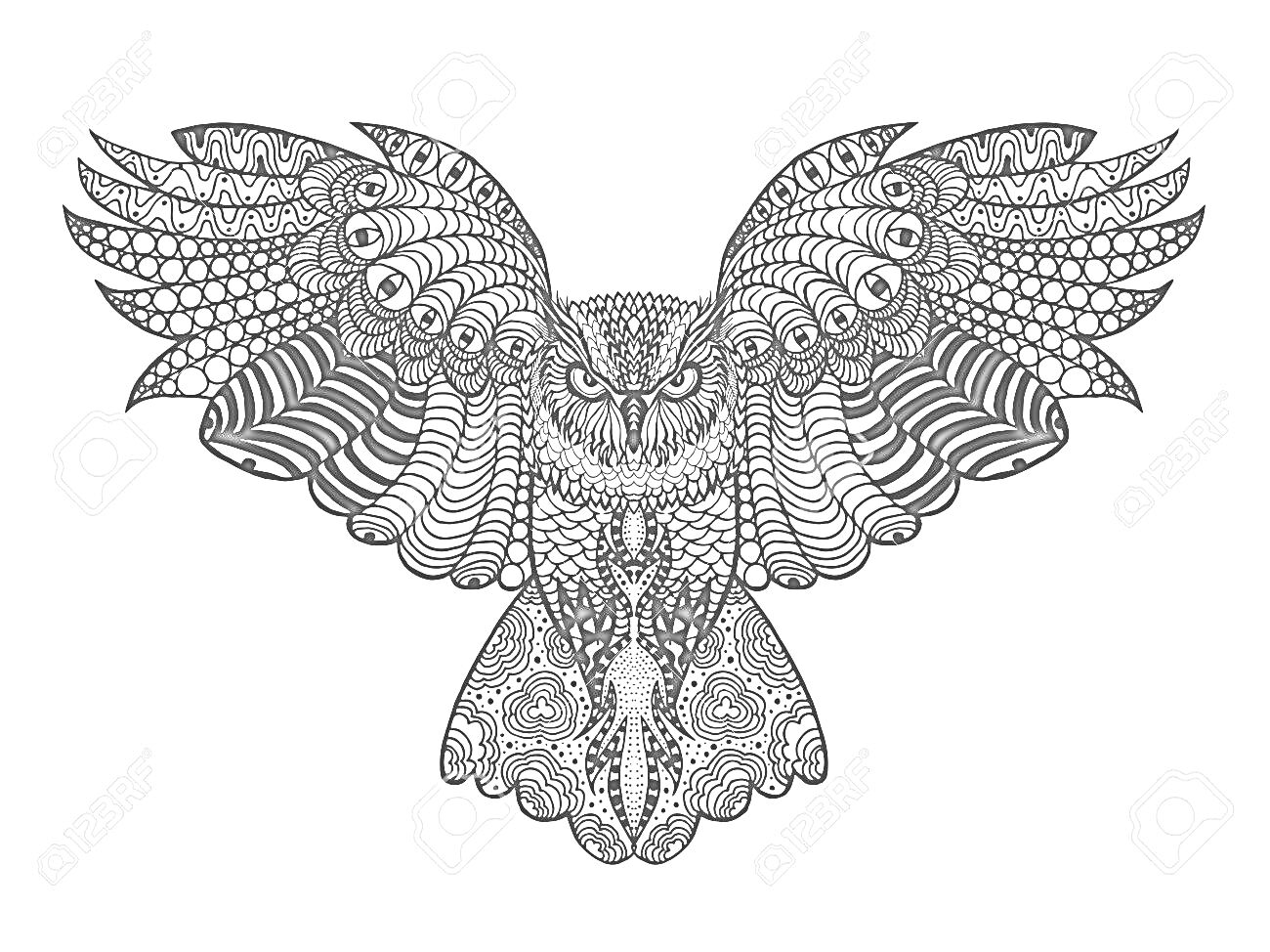 Антистресс-раскраска с изображением совы с расправленными крыльями, выполненная в виде декоративного узора