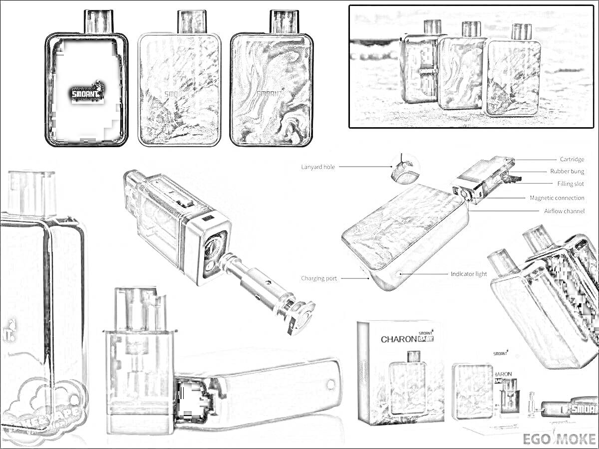 Раскраска Электронная сигарета Charon Baby с деталями - сменный картридж, схема разборки, коробка упаковки