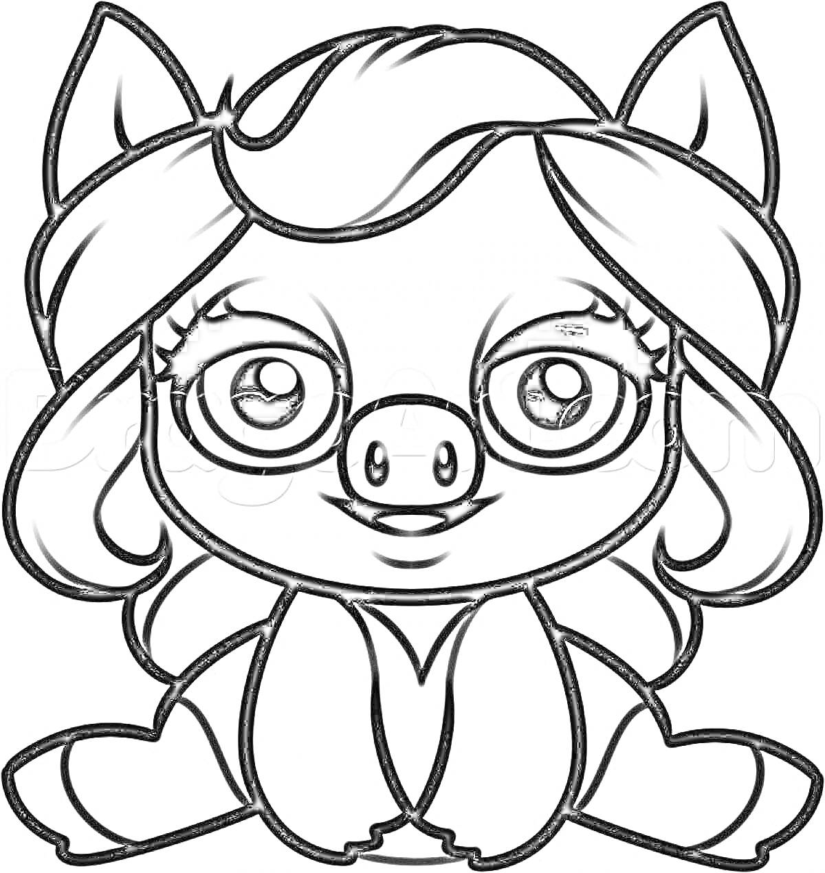 Раскраска Свинка с большими глазами и длинными волосами, сидящая с передними лапками и ушами, направленными вверх.