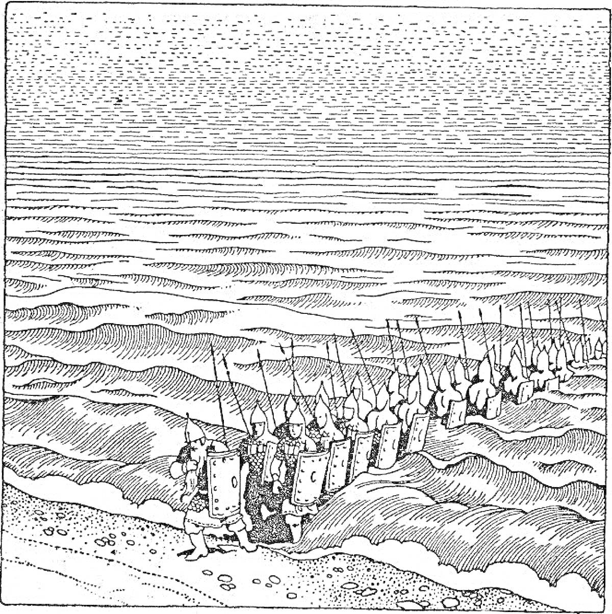 Раскраска Богатыри, выходящие из моря с копьями и щитами