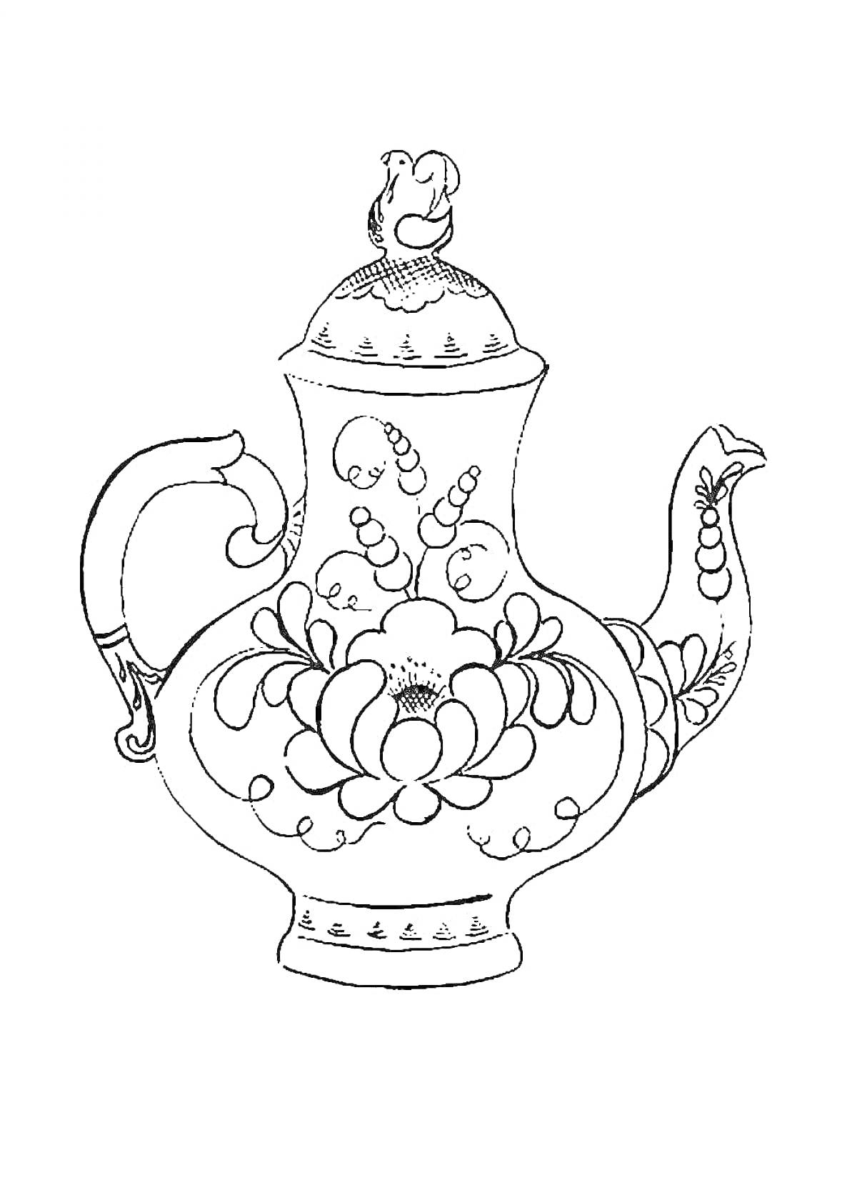 Раскраска Гжельский чайник с цветами и птицей
