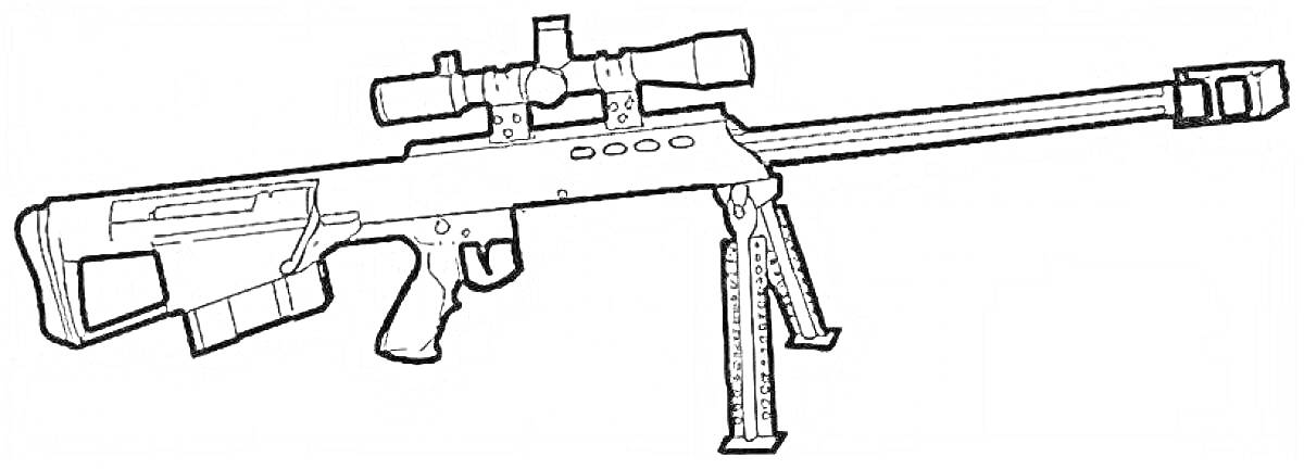 Раскраска Снайперская винтовка с оптическим прицелом, сошками и дульным тормозом