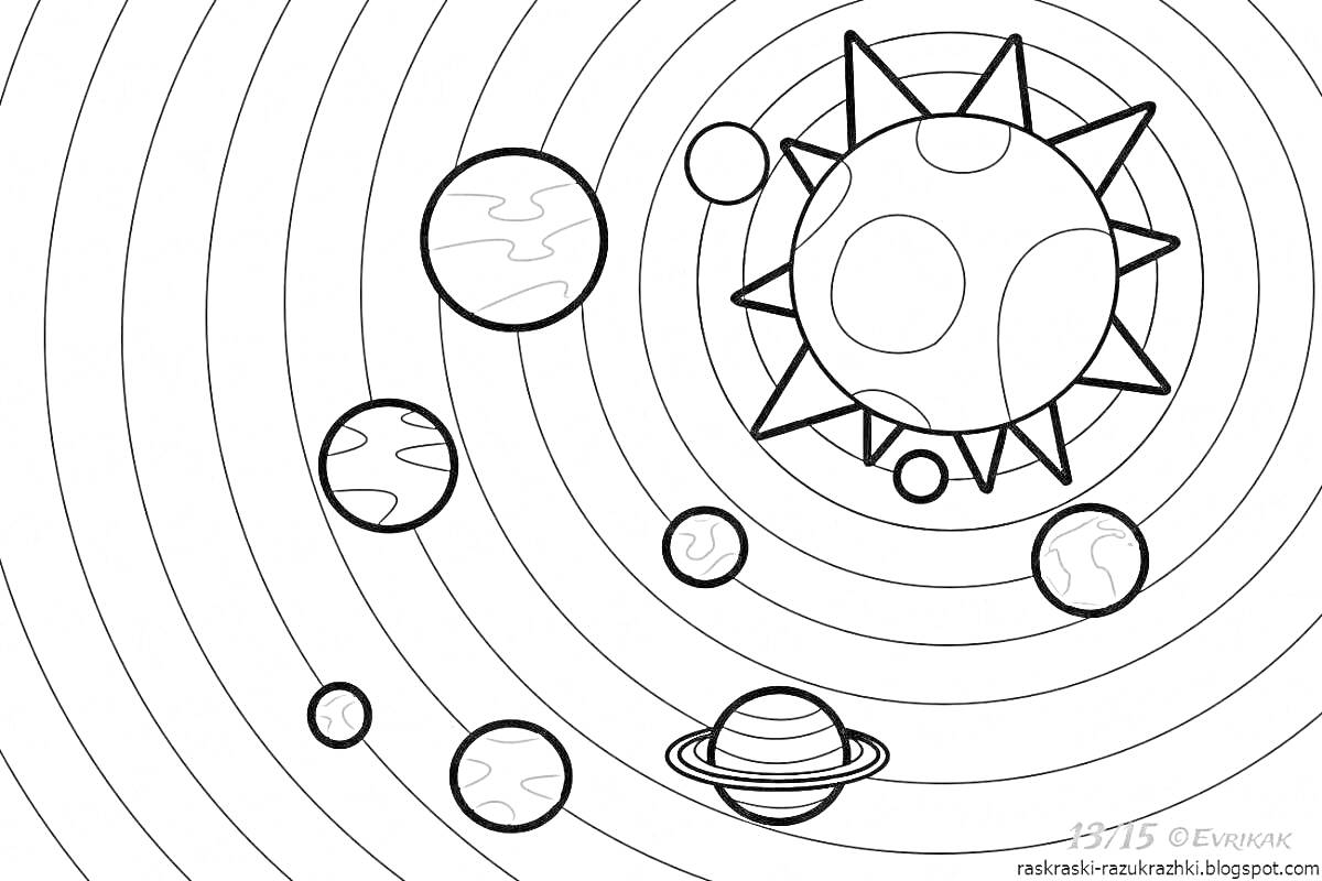 На раскраске изображено: Солнечная система, Планеты, Солнце, Орбиты, Космос, Астрономия, Обучение