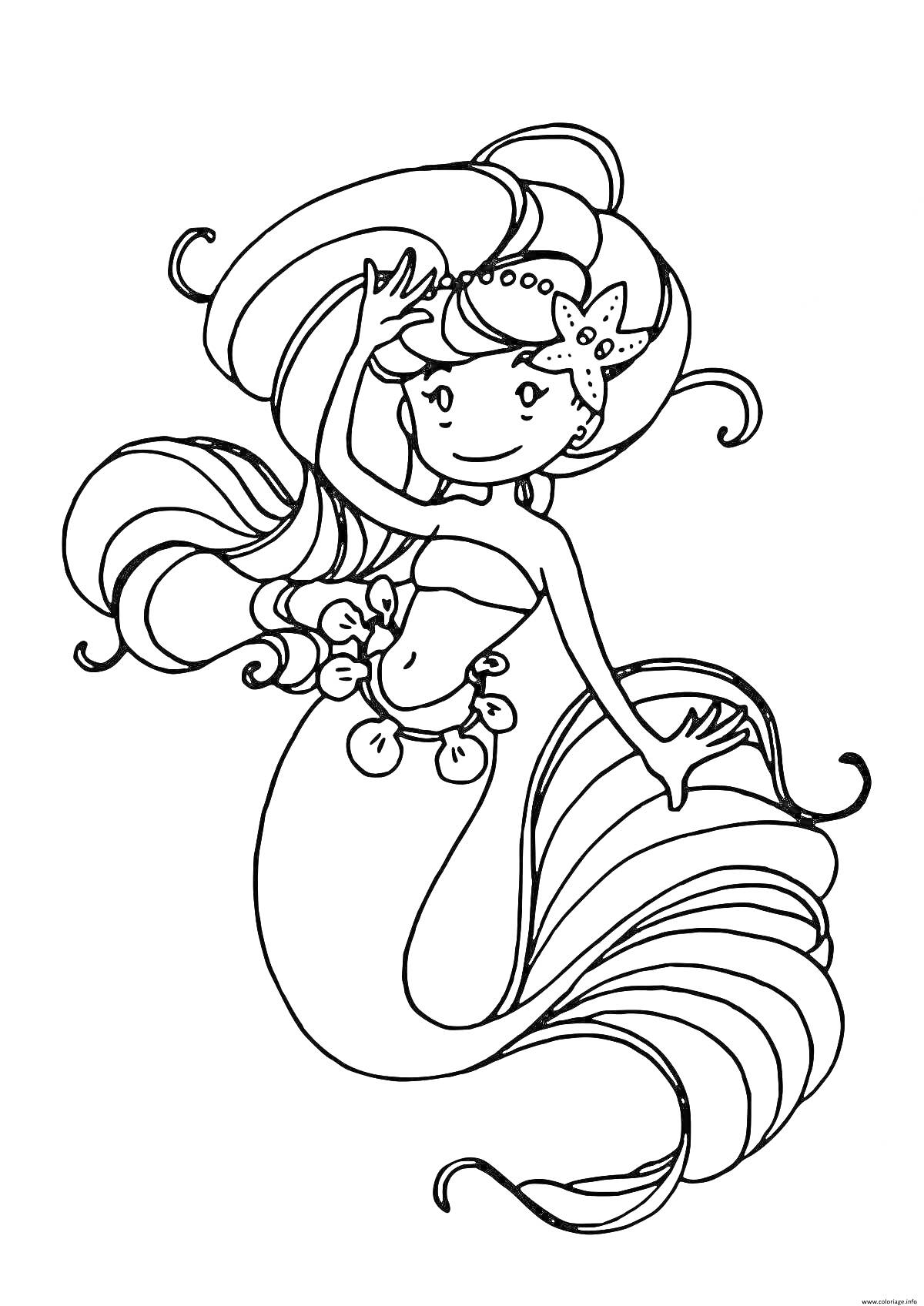 Раскраска Русалочка с длинными волосами и звездой на голове, в украшениях на талии