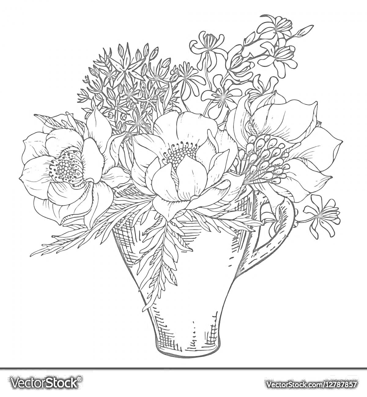На раскраске изображено: Цветы, Кувшин, Флористика, Графика, Контурные рисунки
