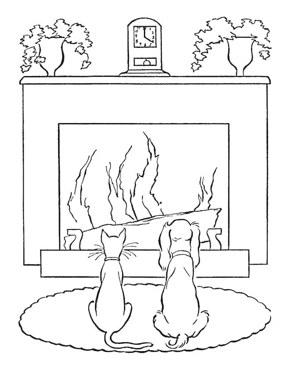 Раскраска Камин с часами, двумя вазами, кошкой и собакой на коврике