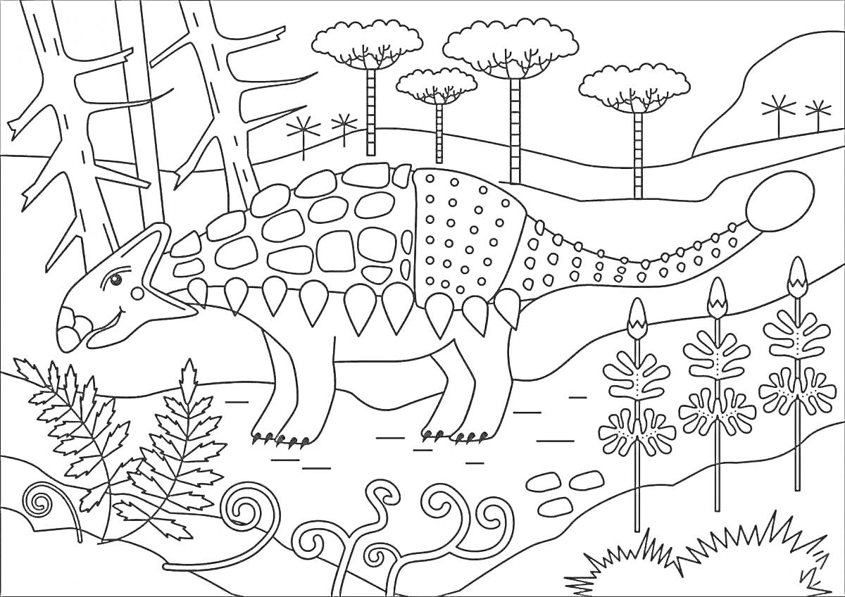 На раскраске изображено: Анкилозавр, Динозавр, Лес, Деревья, Кусты, Природа, Растения, Древние животные