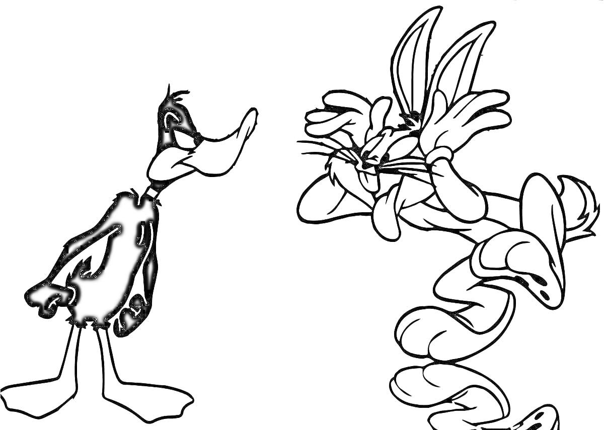 Раскраска Утка и заяц, стоящая утка и прыгающий заяц