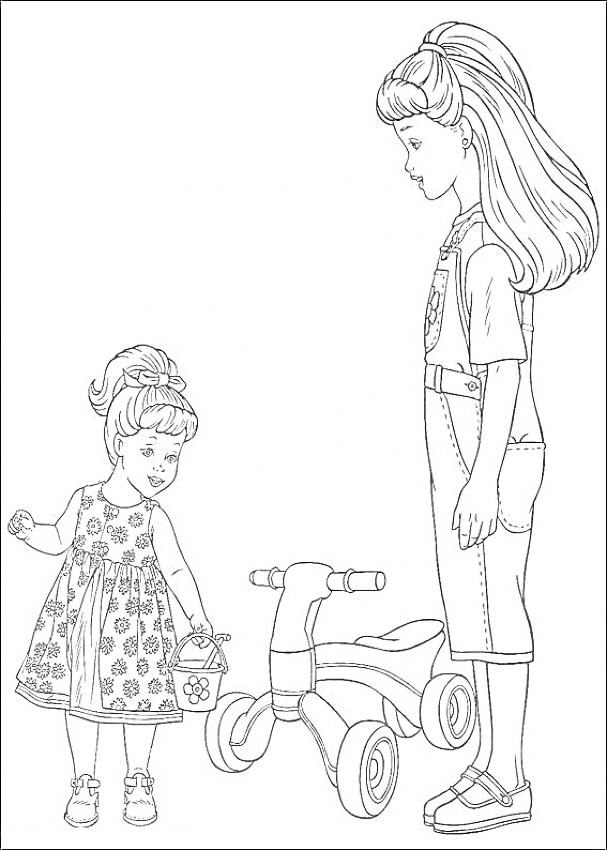 Раскраска Малышка с корзинкой и девочка с трехколесным велосипедом