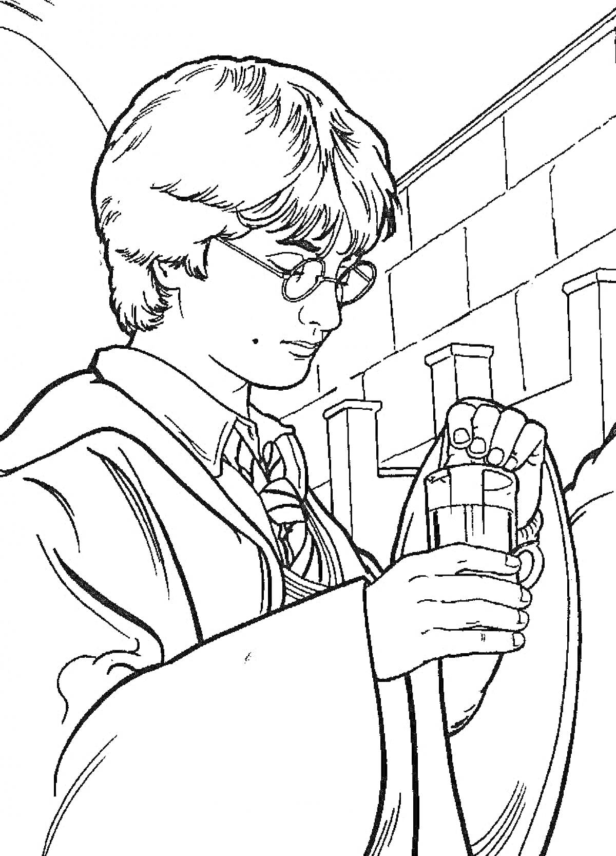 Раскраска Гарри Поттер с волшебной палочкой и бокалом, позади стена с колоннами