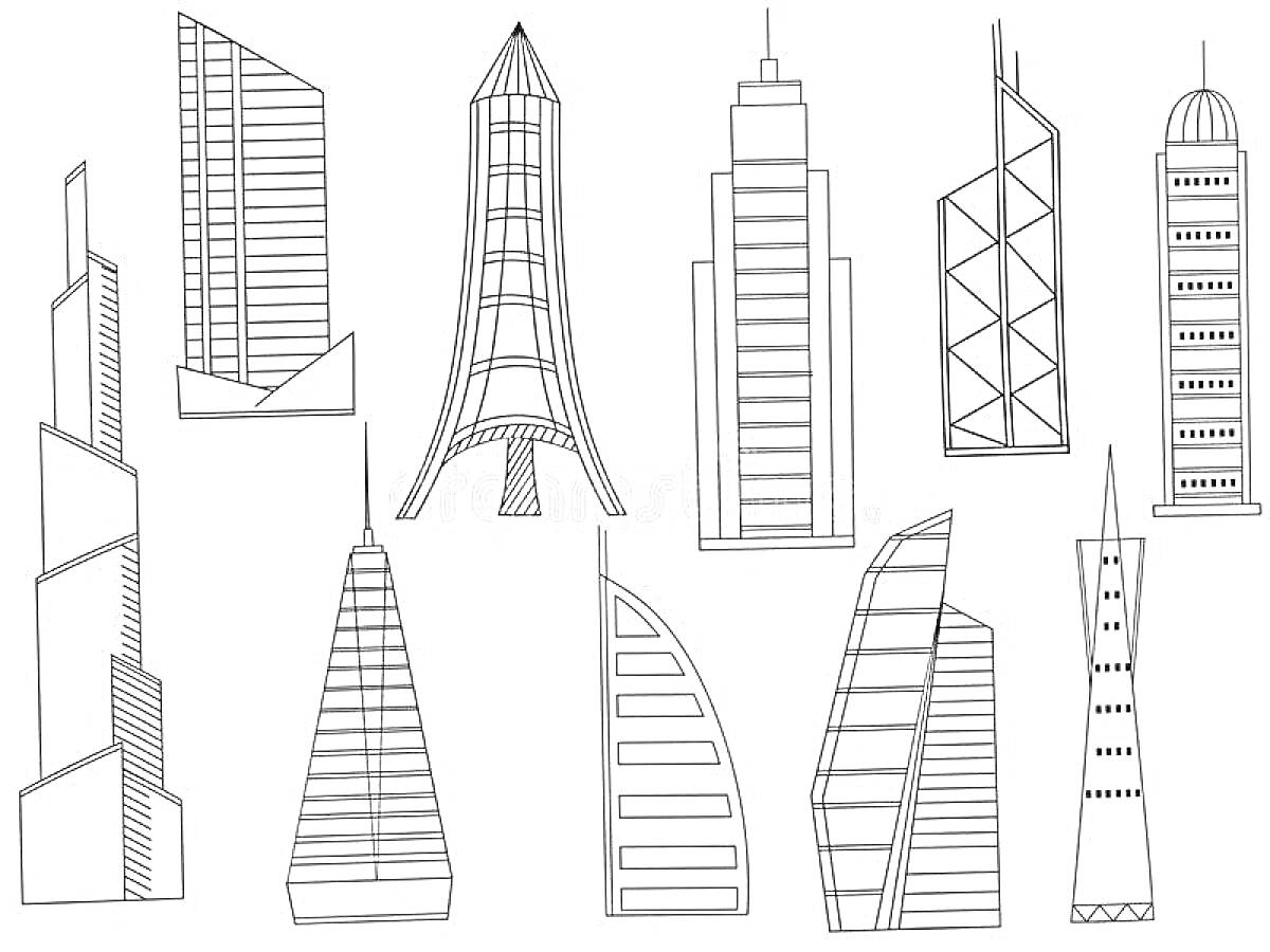 Раскраска Разные небоскребы с разнообразными архитектурными элементами, включающие геометрические формы, прямые и изогнутые линии, а также различные фасады и оконные структуры.