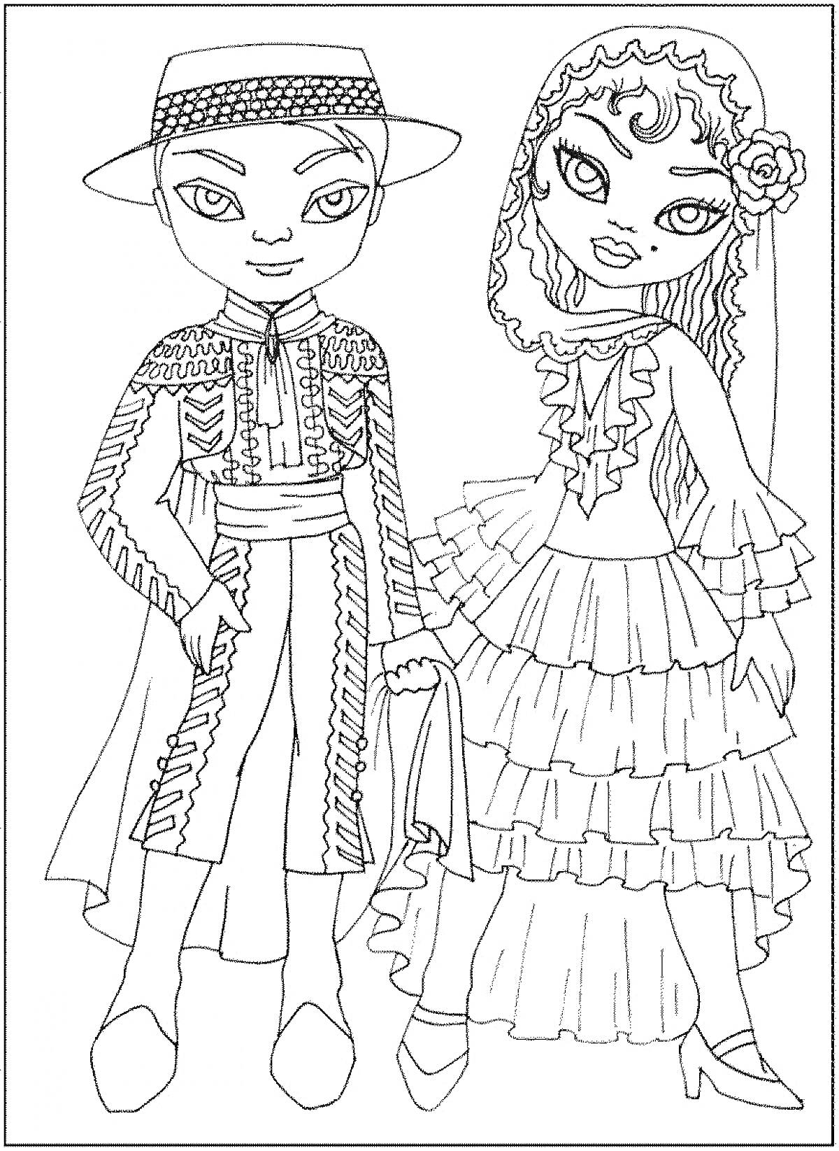 Раскраска Дети в традиционных костюмах, мальчик в костюме с шляпой и девочка в платье с оборками и цветком в волосах