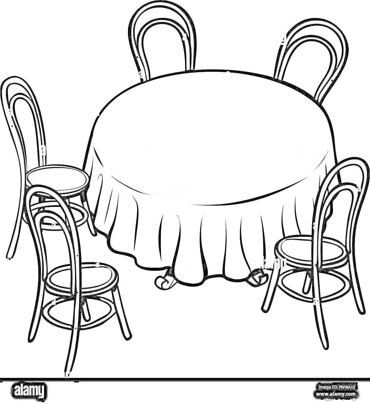 Раскраска круглый стол со скатертью и четырьмя стульями