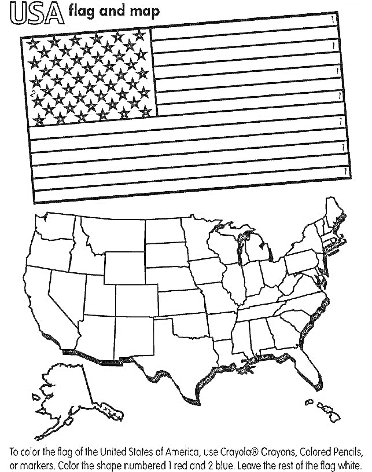 Раскраска Флаг США и карта Соединенных Штатов Америки