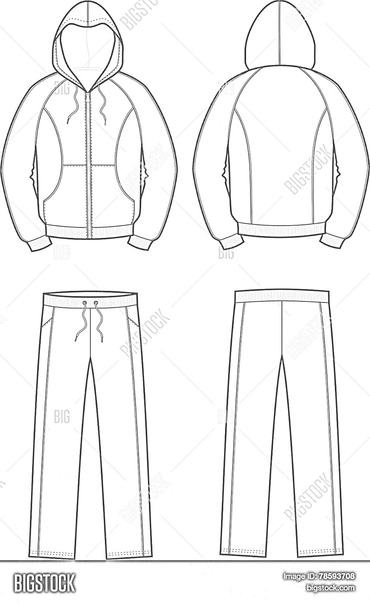 Раскраска спортивный костюм с капюшоном и брюками, вид спереди и сзади