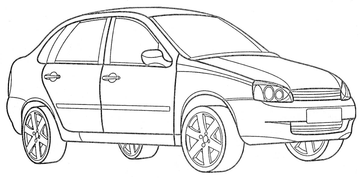 Лада Гранта - контурный рисунок автомобиля с 4 дверями, 4 колёсами, передними фарами, боковыми зеркалами и решёткой радиатора