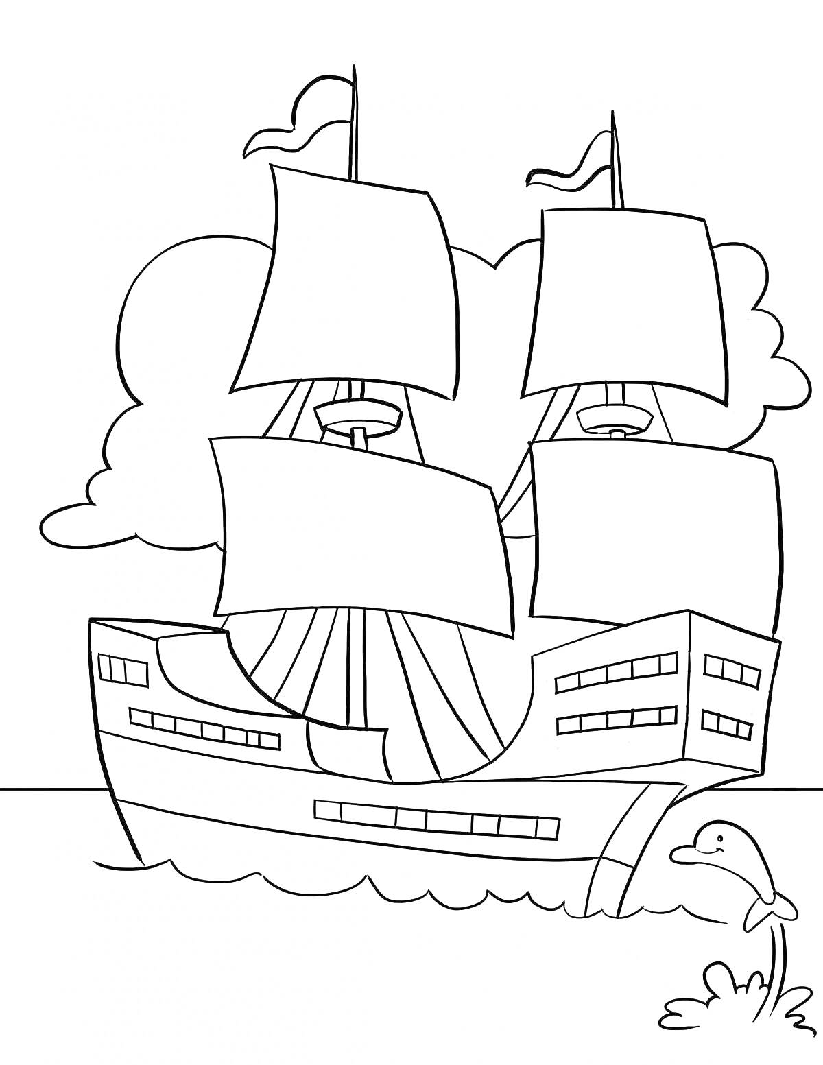 На раскраске изображено: Корабль, Паруса, Море, Облака, Для малышей