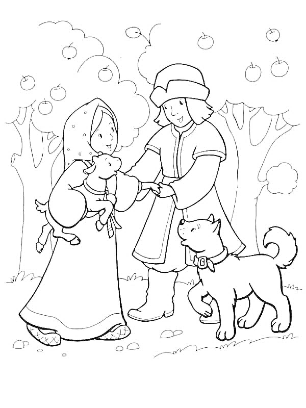 Раскраска Сестрица Аленушка и братец Иванушка с козленком и собакой в яблоневом саду