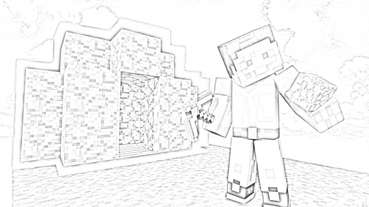 Раскраска Персонаж с киркой на фоне каменной постройки из игры Майнкрафт