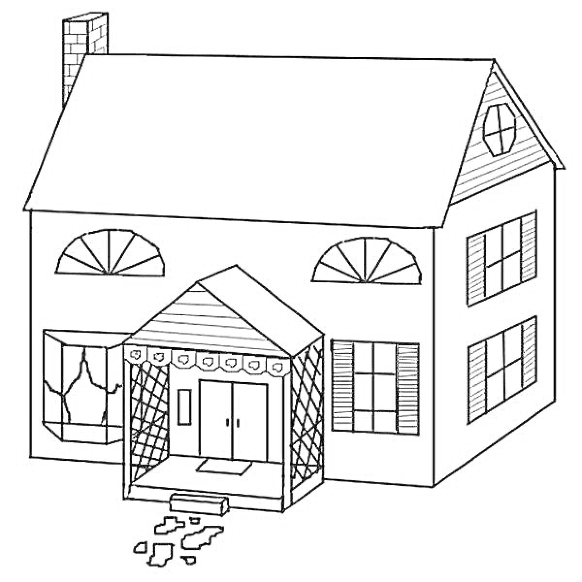Двухэтажный дом с трубой, верандой, двумя окнами с арками, тремя окнами с ставнями, чердачным окном и дорожкой из камней
