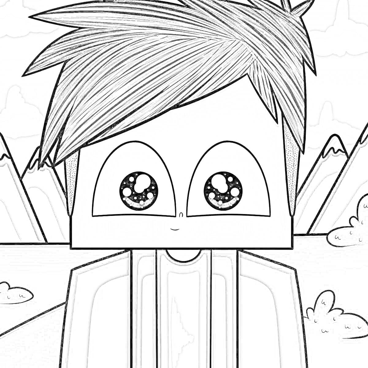 Раскраска Карикатура ютубера, мультяшное лицо с большими круглыми глазами, черные волосы, фон с горами и облаками