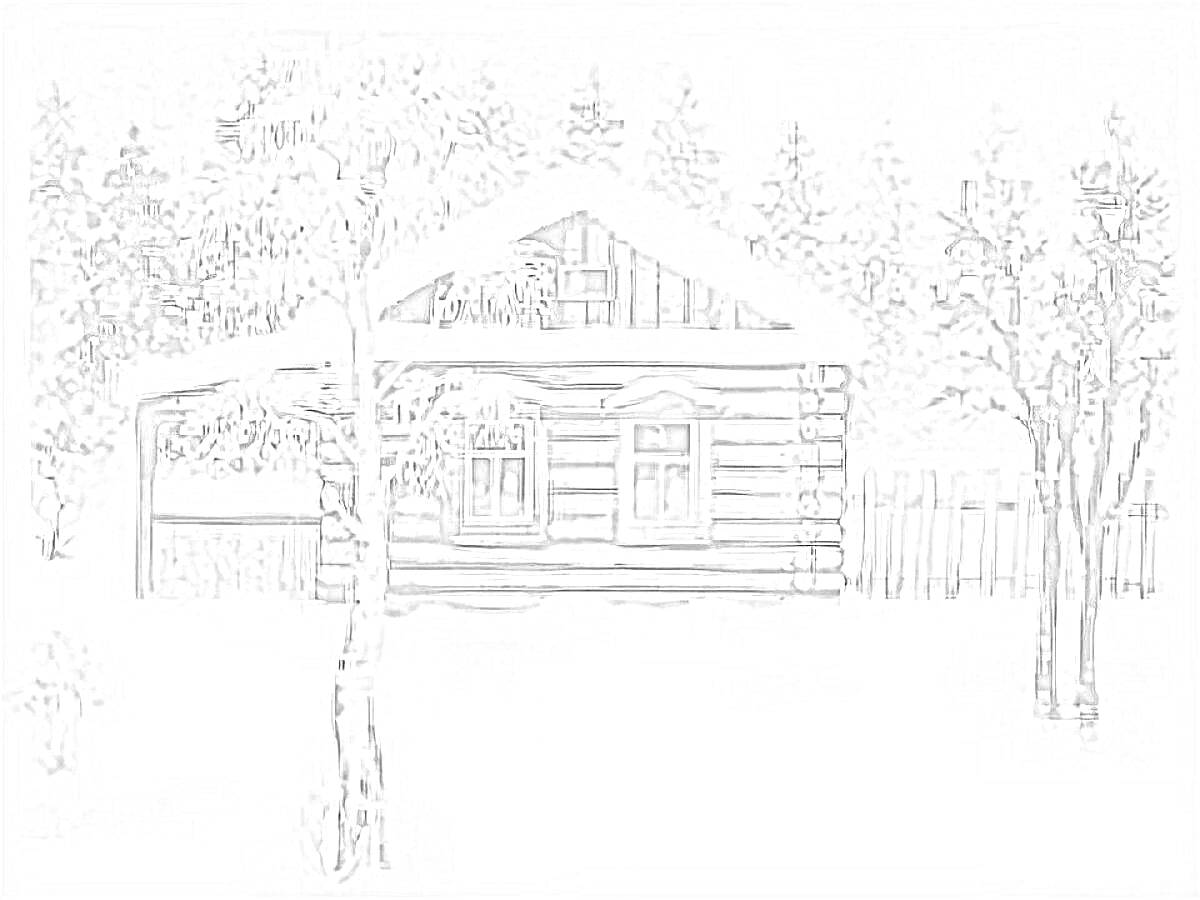 Раскраска Домик в лесу зимой с березой на переднем плане