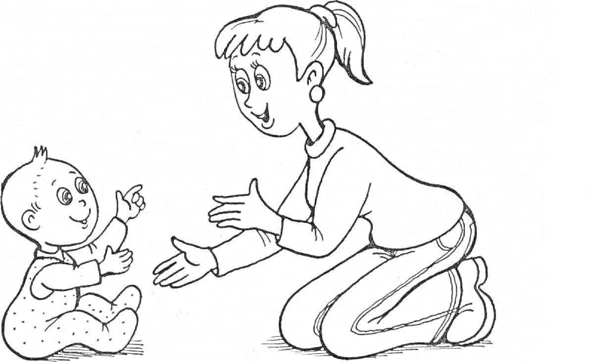 женщина на коленях и младенец сидят напротив друг друга