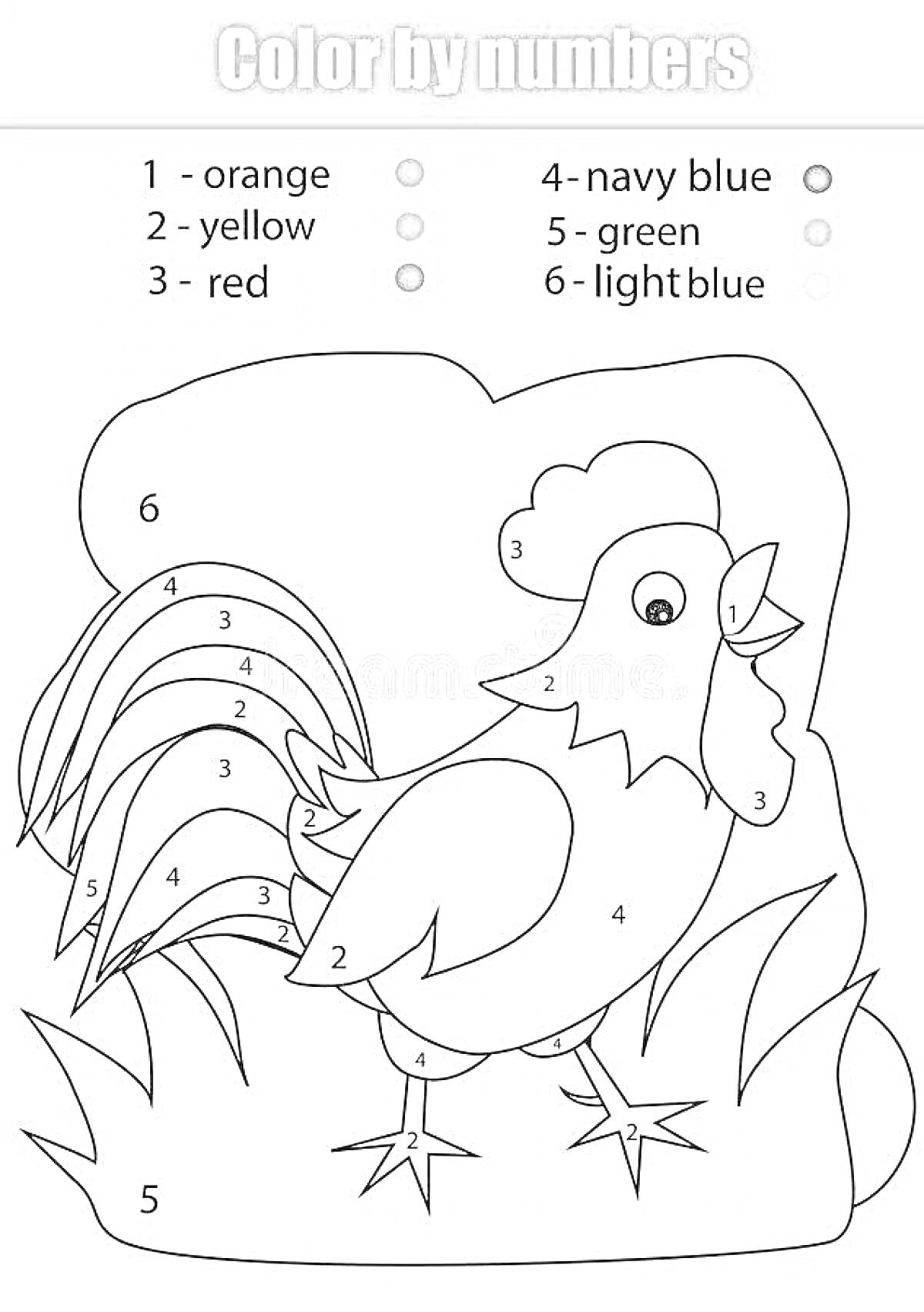 На раскраске изображено: По номерам, Петух, Трава, Творчество