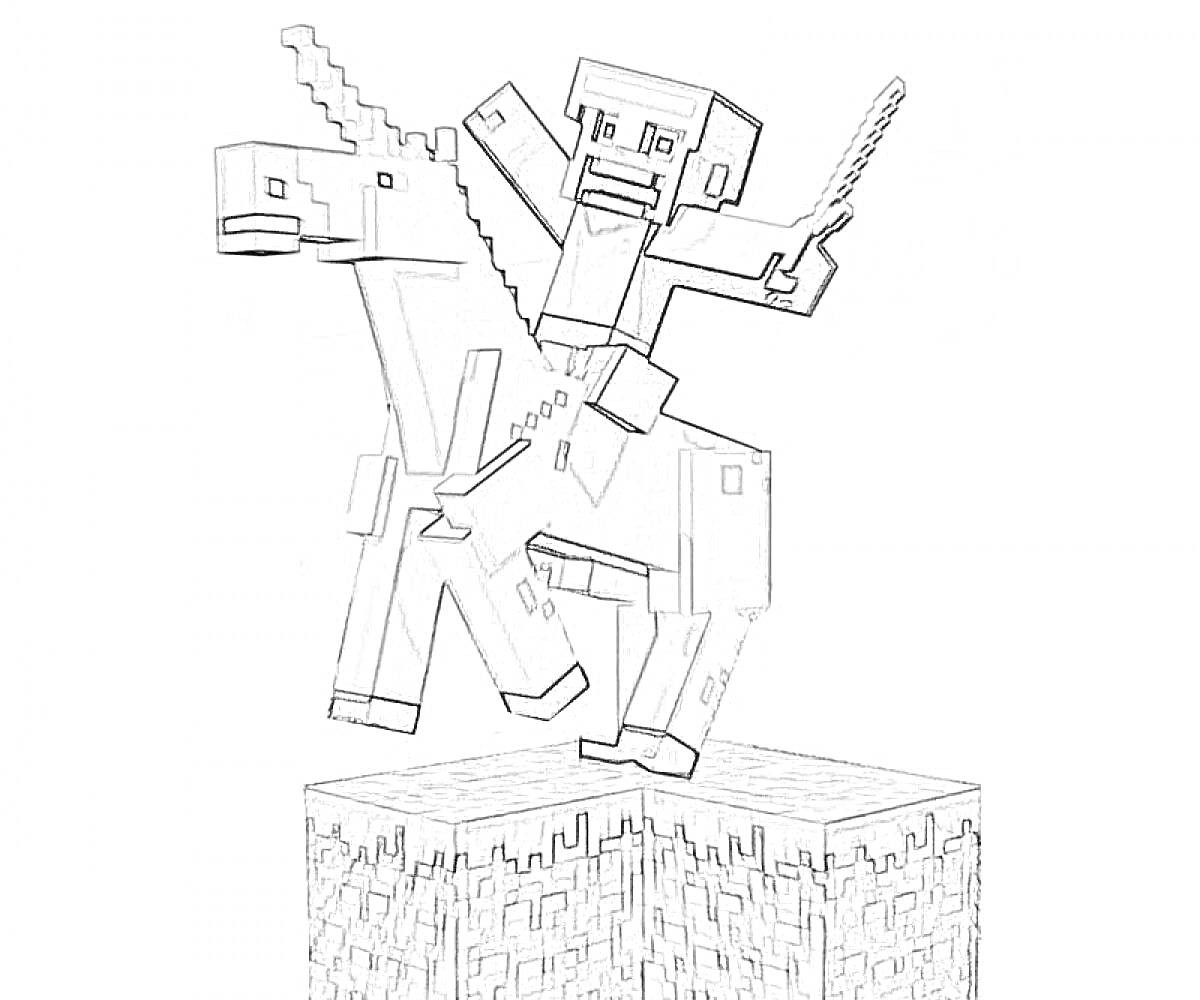Раскраска Персонаж Майкнрафт верхом на лошади с мечом на кубическом блоке