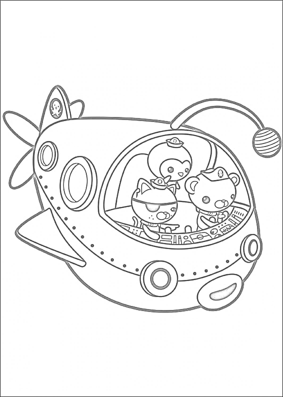 Раскраска Октонавты в подводной лодке с тремя персонажами в кабине