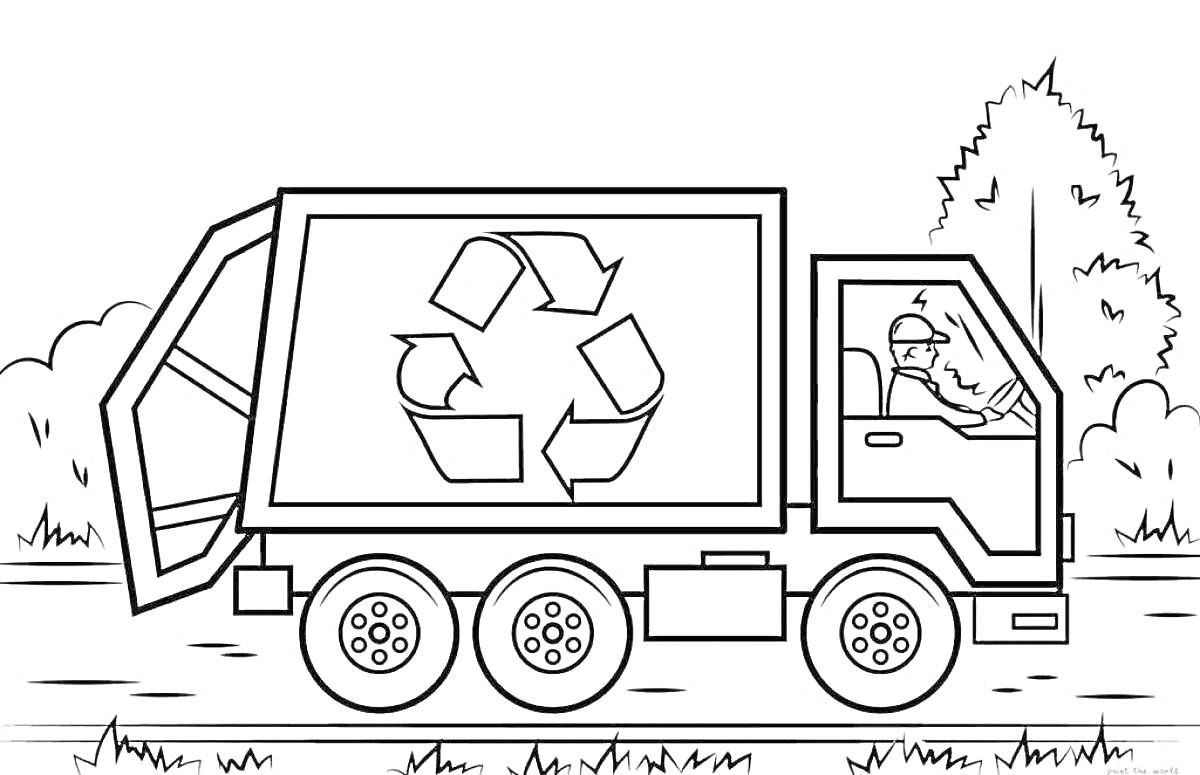 Раскраска Мусоровоз с водителем и эмблемой переработки на фоне деревьев и кустов