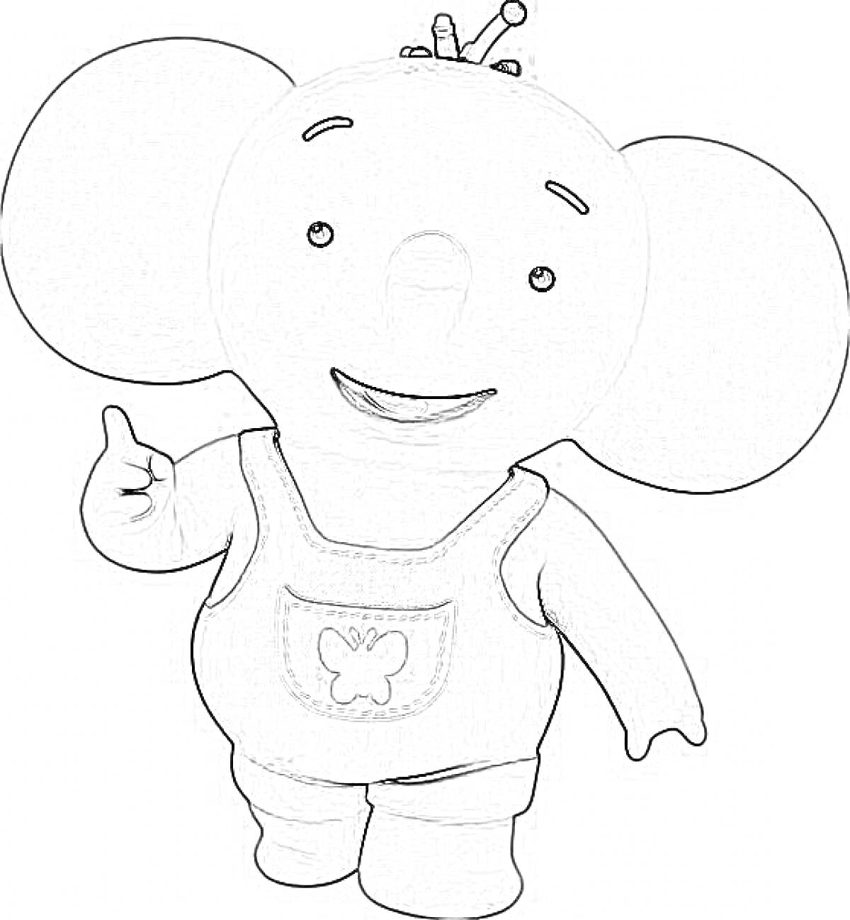 Раскраска Слоненок из мультфильма в комбинезоне с бабочкой, манжета, улыбающийся, указывающий вправо